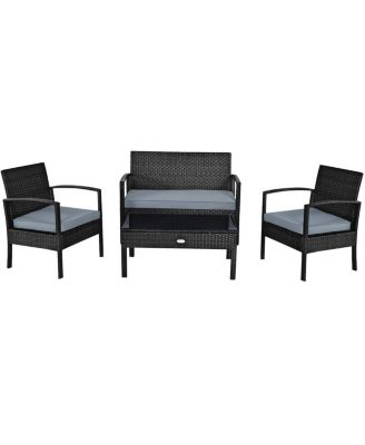 4 Piece Patio Rattan Furniture Set with Cushions, Loveseat & Table
