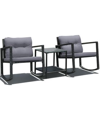 3 PCS Patio Conversation Set Rocking Chairs Cushions and Accent Table