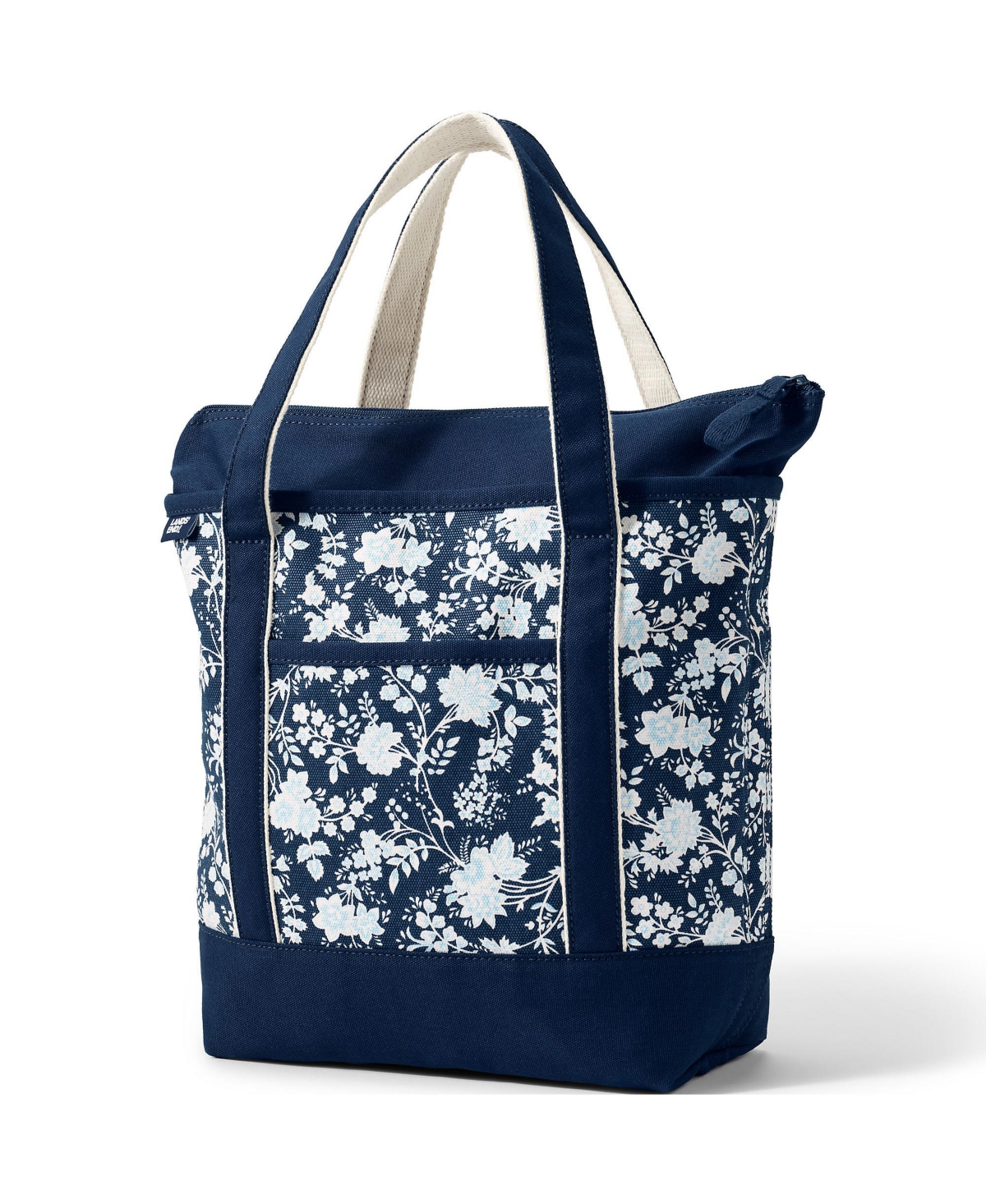 Lands End Medium Print 5 Pocket Zip Top Canvas Tote Bag Deep sea navy classic floral Smart Closet