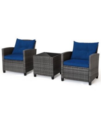 3-Piece Outdoor Wicker Conversation Set with Tempered Glass Table
