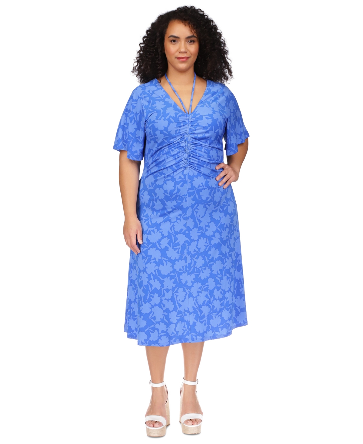 Michael Kors Michael  Plus Size Strappy V-neck Ruched Midi Dress In Grecian Blue