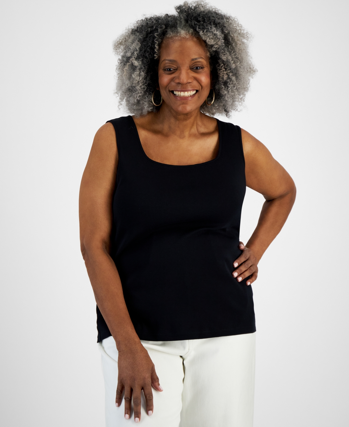 Style & Co Plus Size Cotton Square-neck Tank Top, Created For Macy's In Deep Black