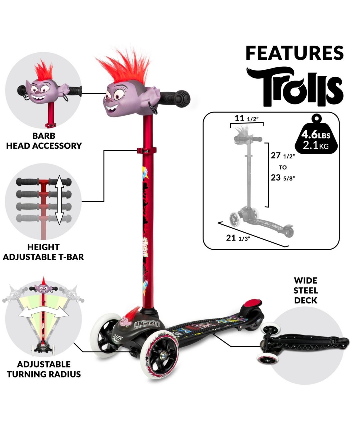 Crazy Skates Trolls Kick Scooter For Kids By Featuring Poppy Or Barb From The Trolls World Tour Movie (Size: One Size)