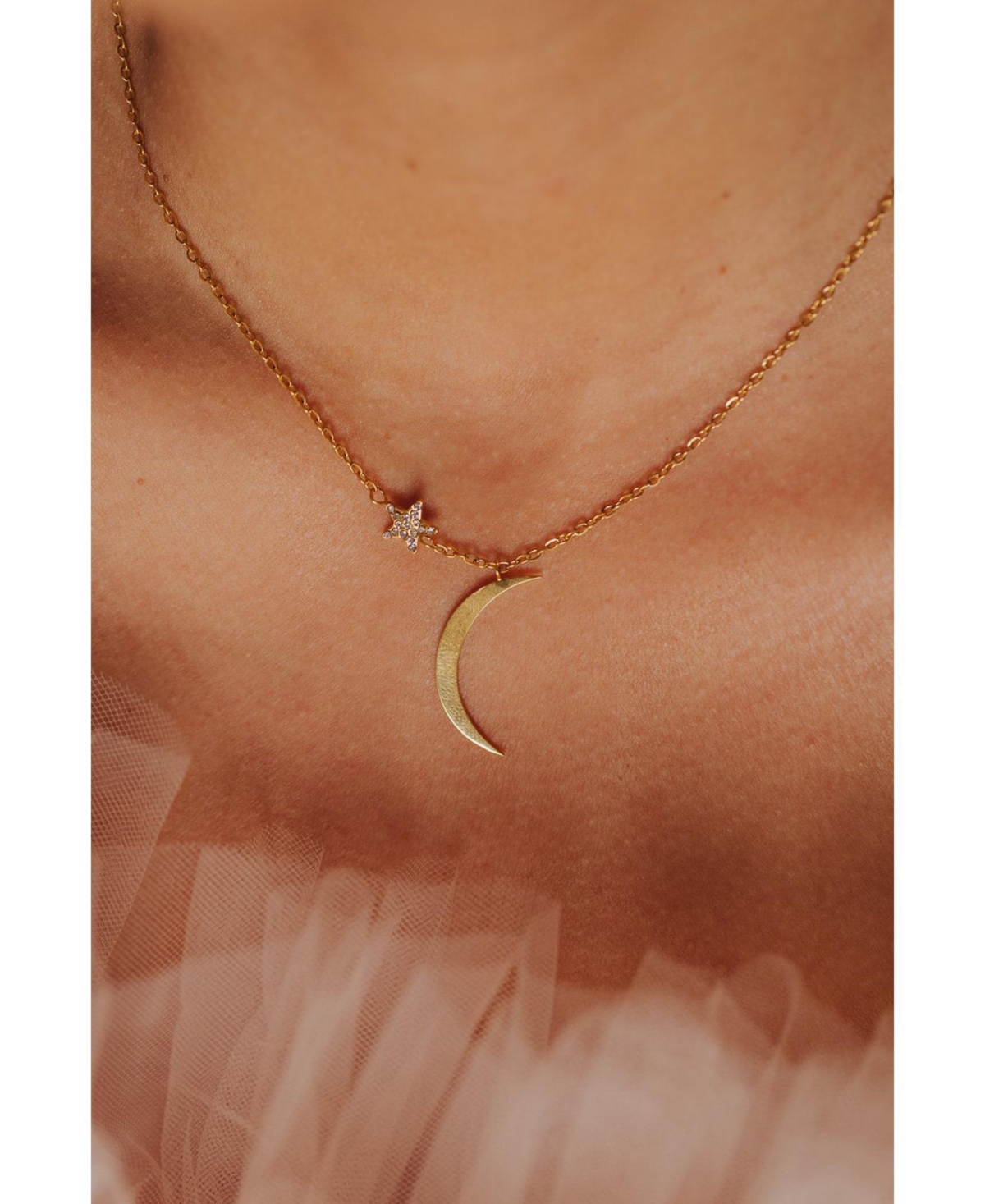 316L MinimalistSilver Tone Star & Moon Necklace and Earring Set - Gold