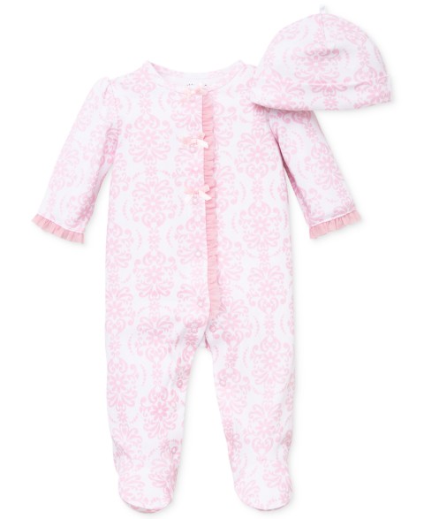 Little Me Baby Girls Damask Footed Coverall and Hat, 2 Piece Set