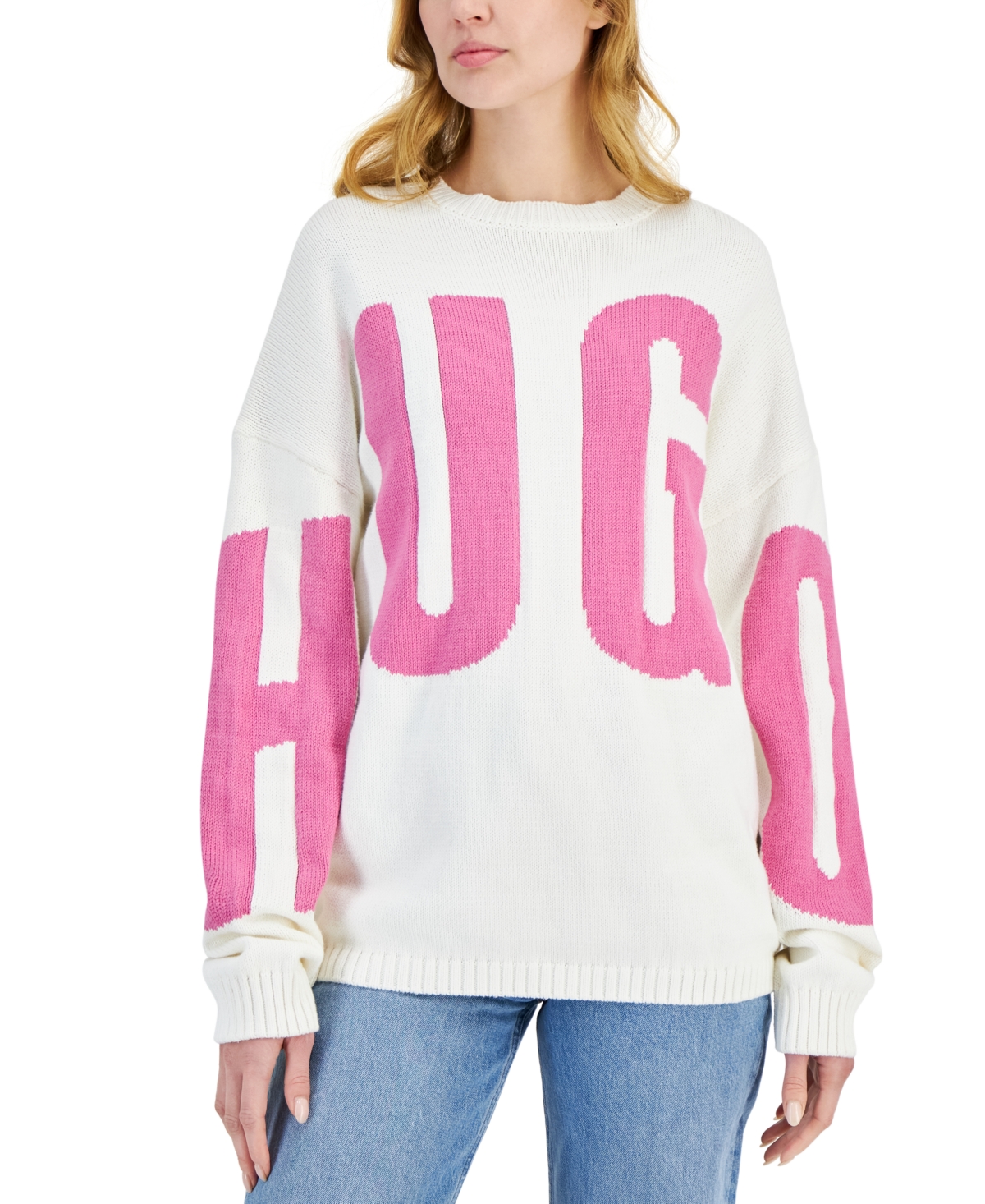 Shop Hugo Women's Oversized Crewneck Logo Knit Sweater In Natural