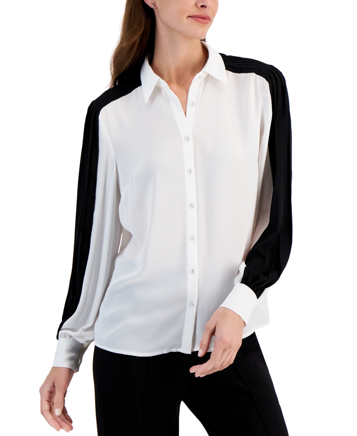 Shop T Tahari Women's Colorblocked Pleated-sleeve Button Front Top In White  Black
