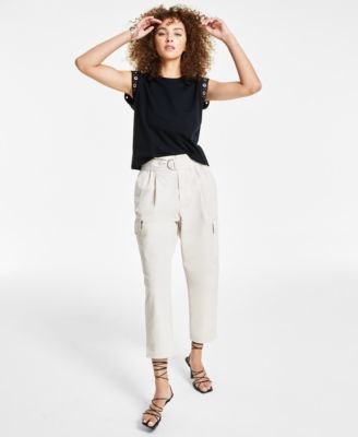 Bar Iii Petite Grommet Trim Top Belted Cargo Pants Created For Macys In Deep Black