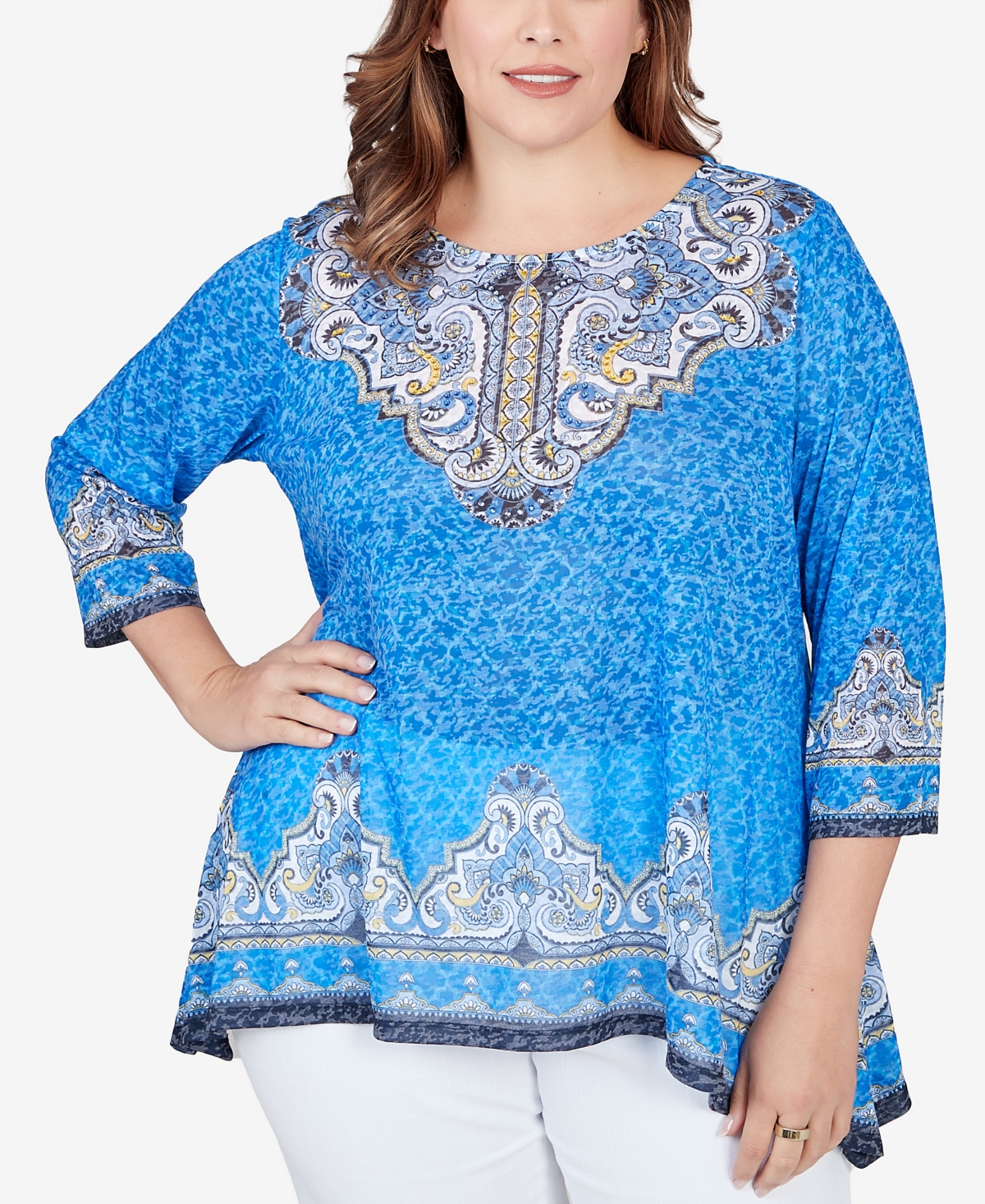 Plus Size Embellished Scoop Neck Marrakesh Border Print Sublimation Knit Top - Light Chambray Multi