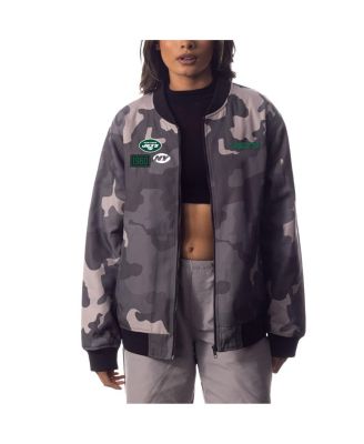 Men's and Women's Gray Distressed New York Jets Camo Bomber Jacket