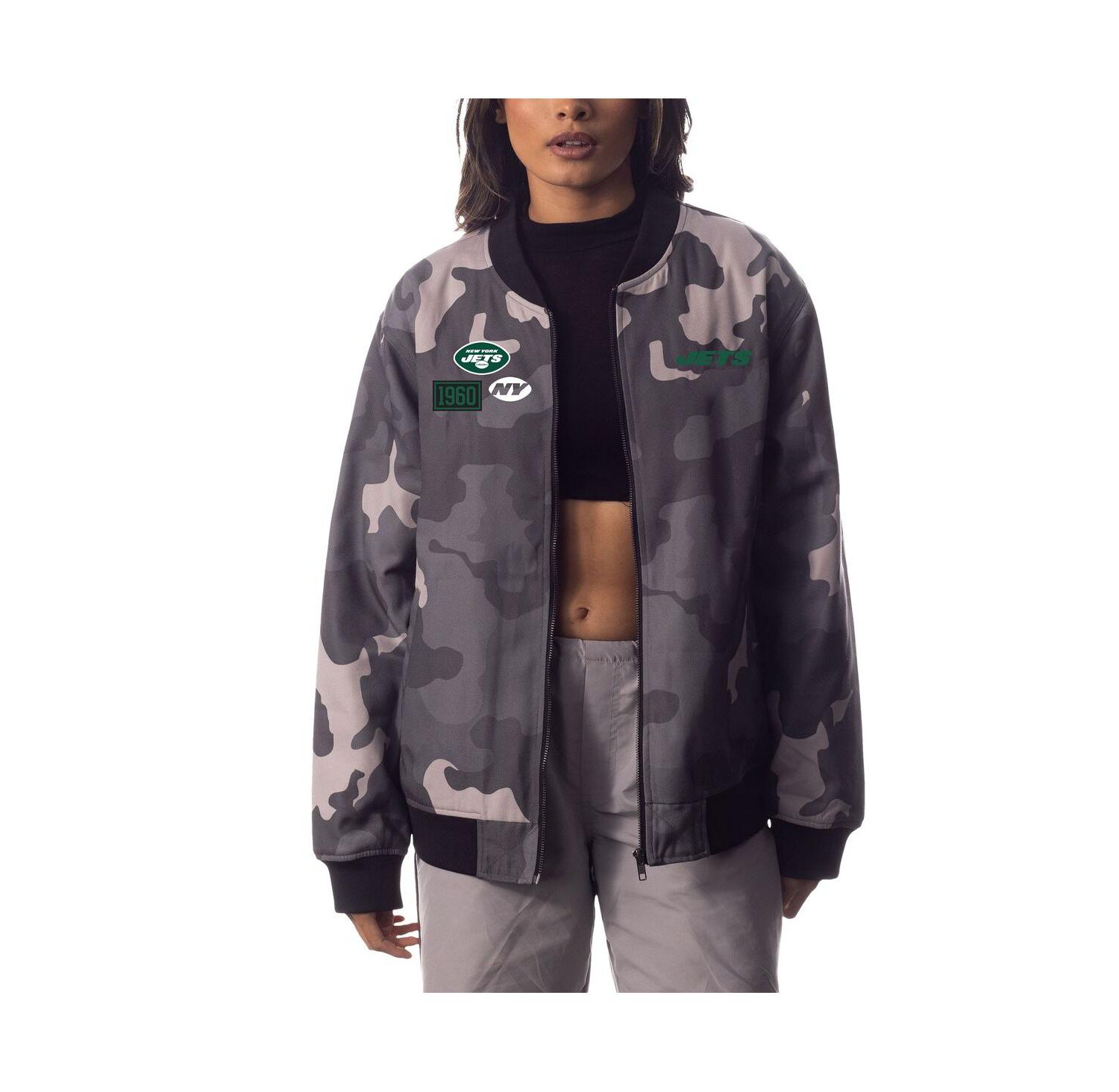 Men's and Women's Gray Distressed New York Jets Camo Bomber Jacket