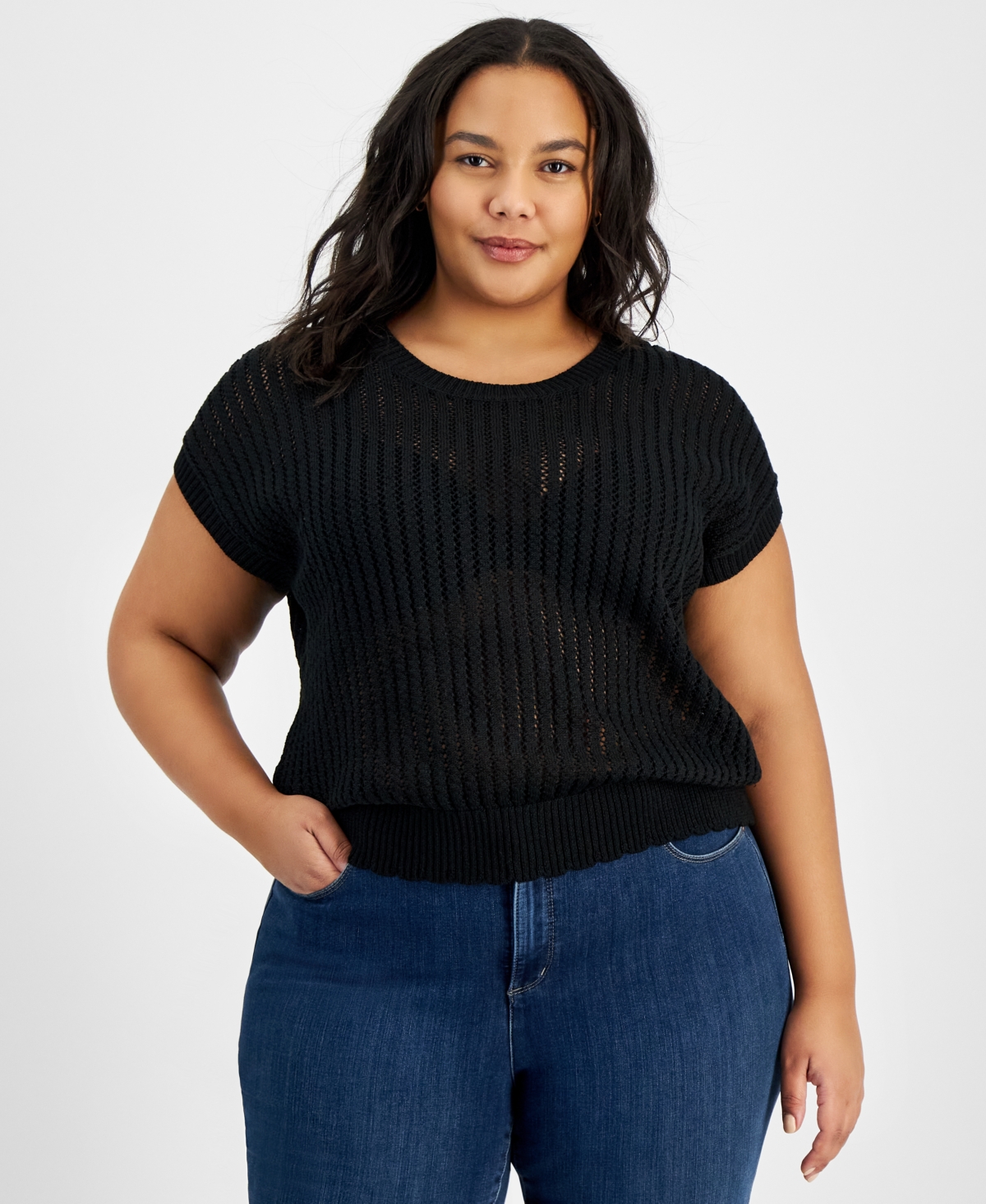 And Now This Trendy Plus Size Short-sleeve Crocheted Sweater In Black