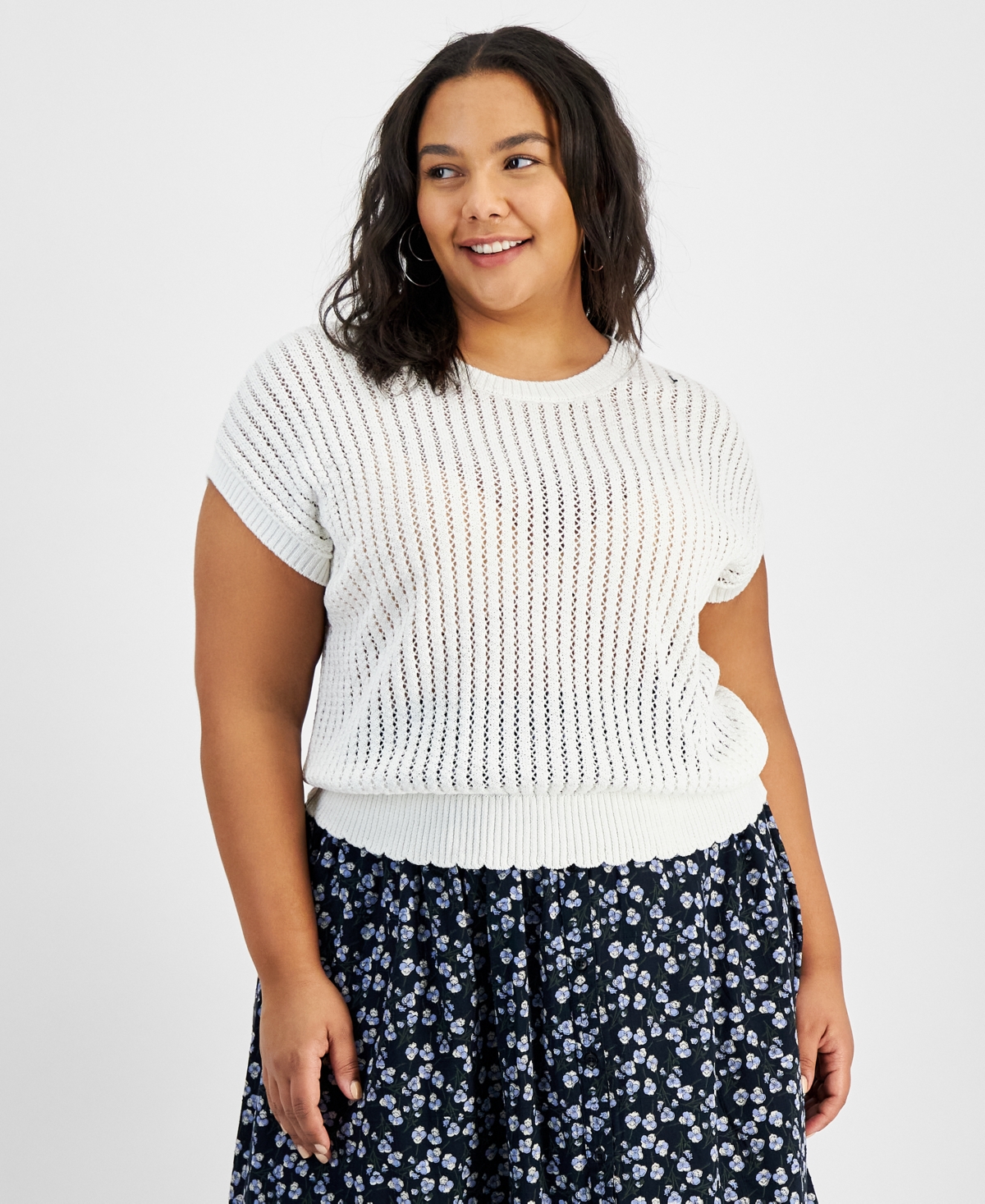 And Now This Trendy Plus Size Short-sleeve Crocheted Sweater In Calla Lilly