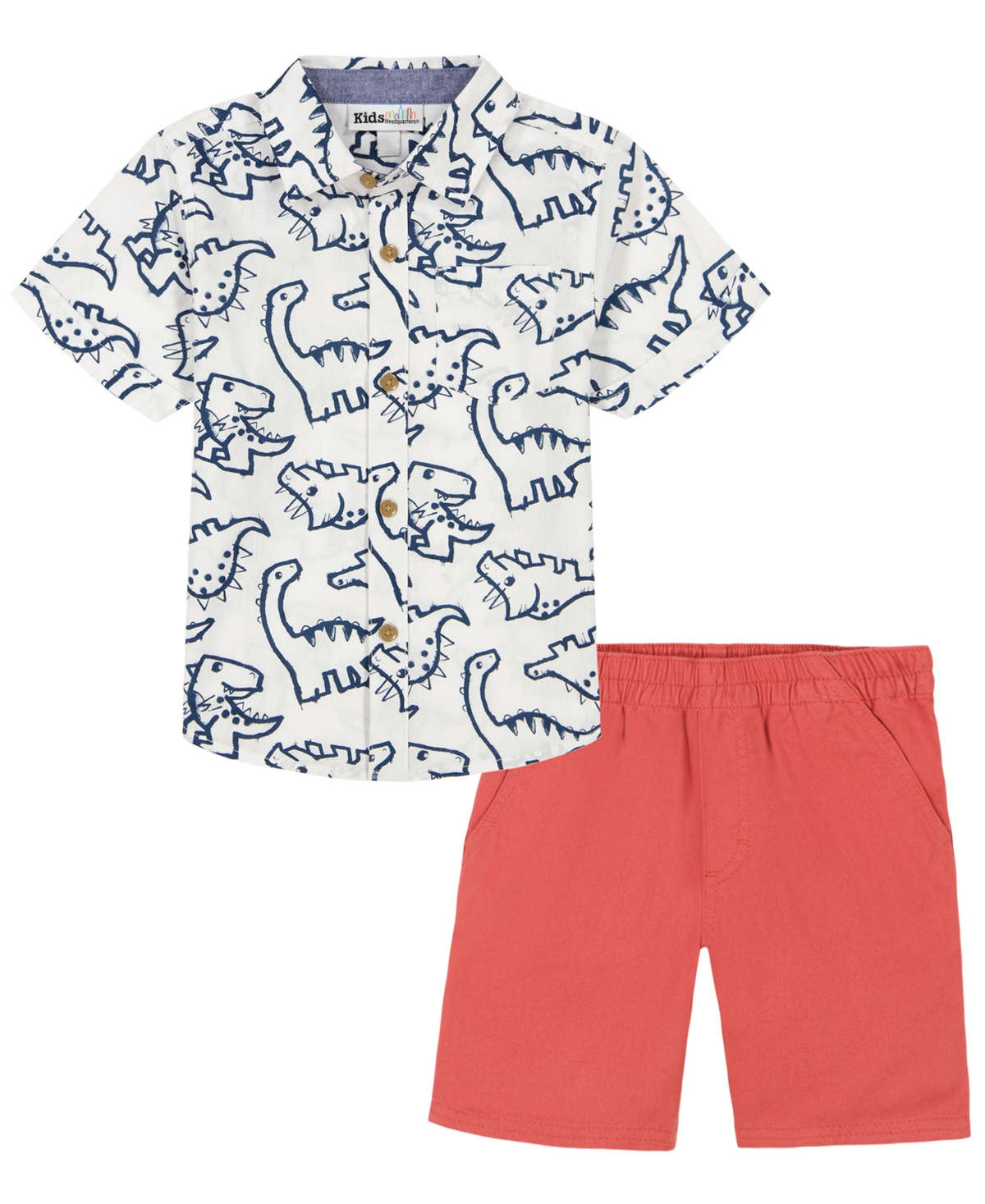 Shop Kids Headquarters Toddler Boys Short Sleeve Dinosaur Print Poplin Shirt And Twill Shorts, 2 Piece Set In Coral