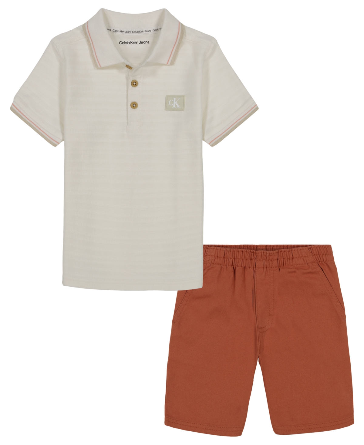 Shop Calvin Klein Little Boys Herringbone Short Sleeve Polo Shirt And Twill Shorts, 2 Piece Set In Cream
