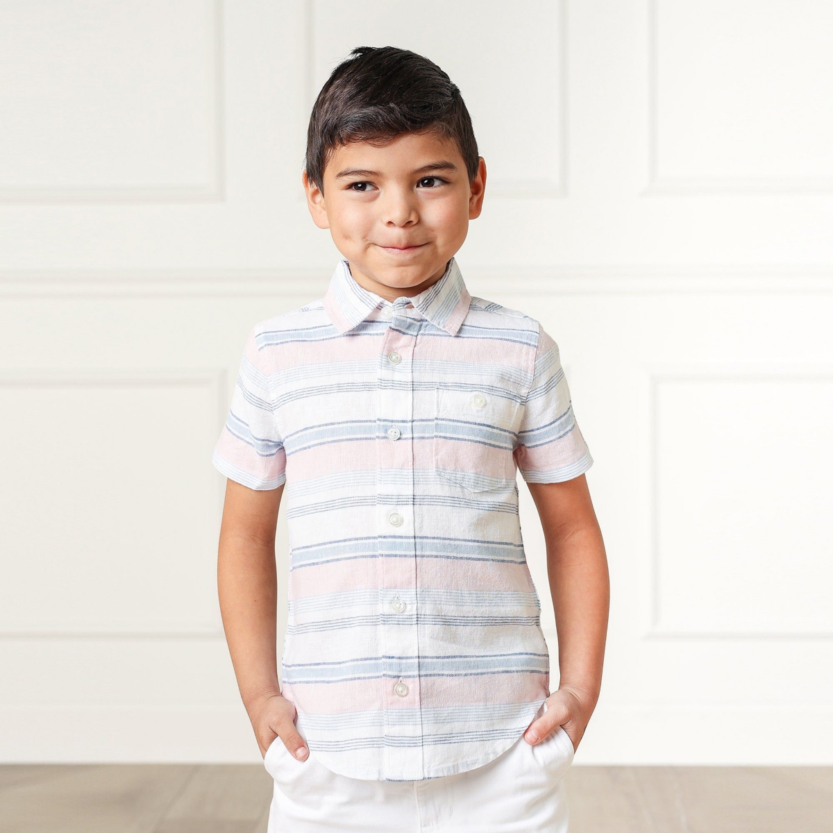 Hope & Henry Boys' Linen Short Sleeve Button Down Shirt, Kids