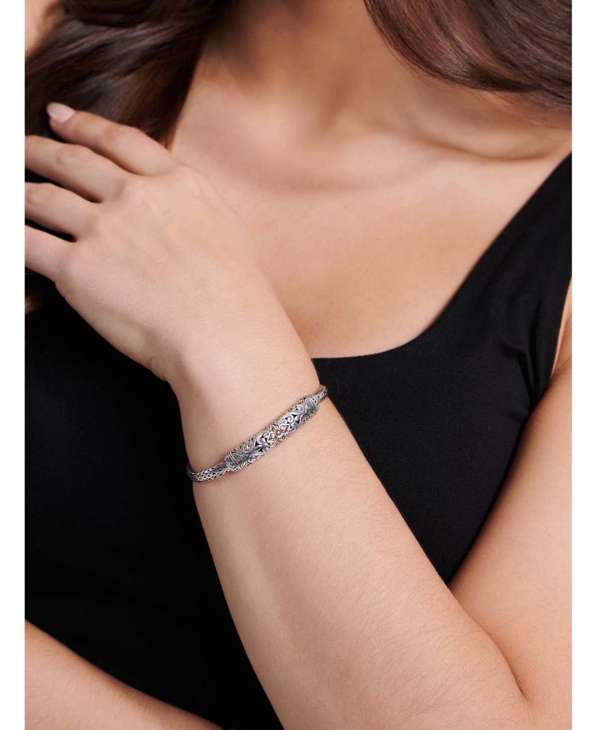 Bali Flower with Dragon Bone Chain Bracelet in Sterlingand 18K Gold - Silver