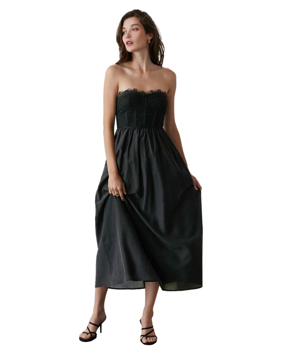 Women's Lace Corset Strapless Midi Dress - Black