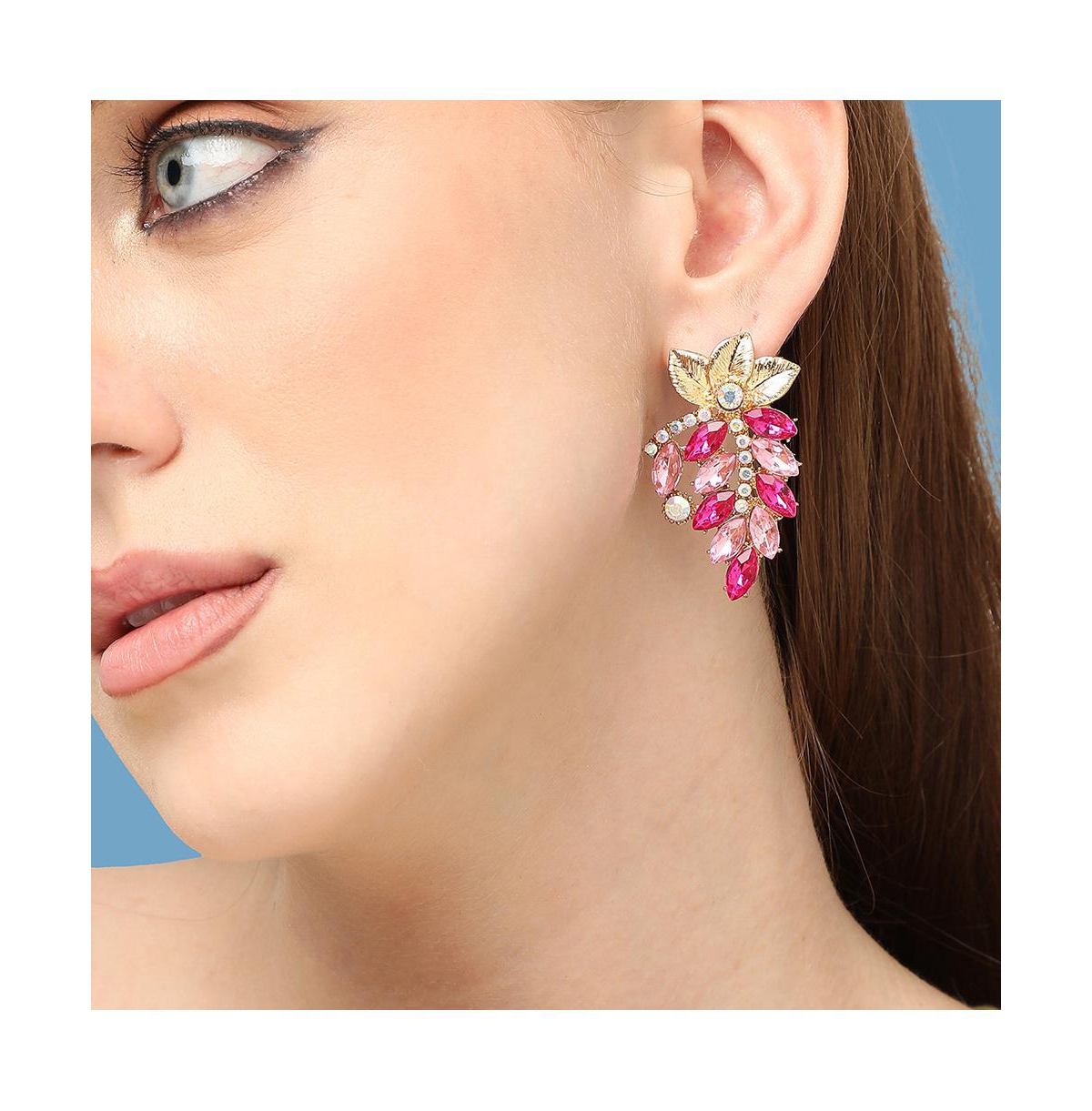 Sohi Women's Pink Embellished Foliage Drop Earrings