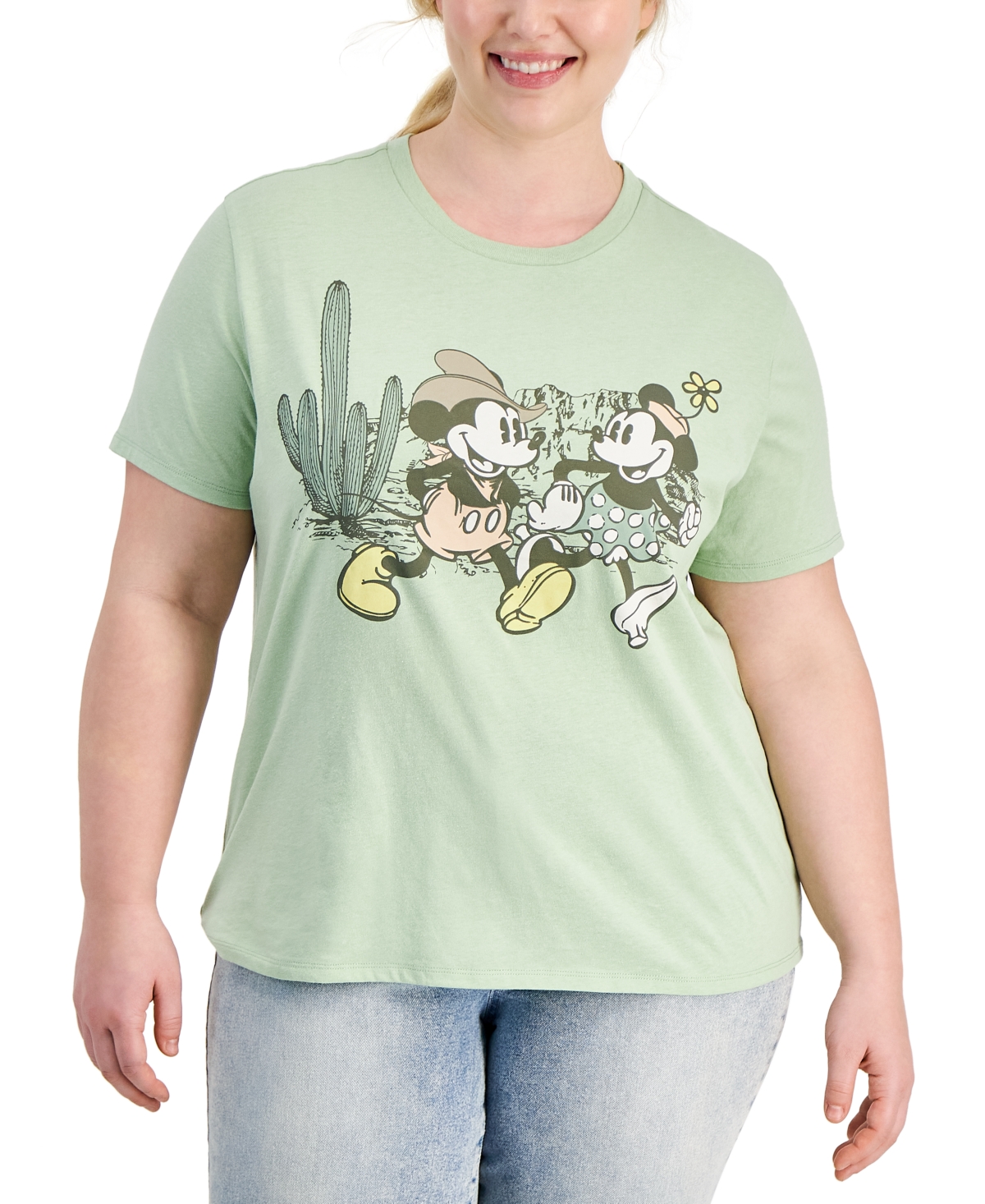 Disney Women's Mickey & Minnie Cactus Crewneck Tee In Smoke Green