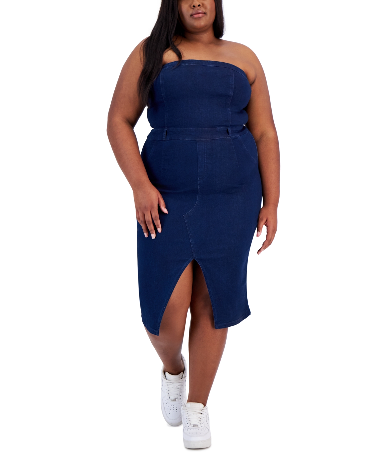 Trendy Plus Size Strapless Denim Bodycon Dress - Mid Blue