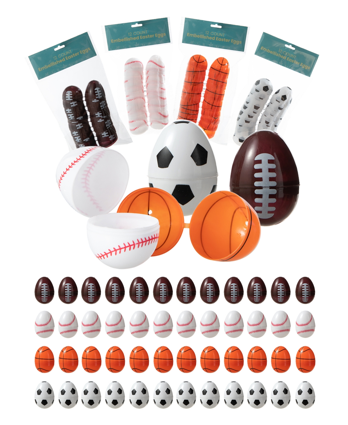 48 Pack 2.25" H Easter Plastic Fillable Sports Eggs, 12 of Each Basketball, Football, Baseball, Soccer - Multi