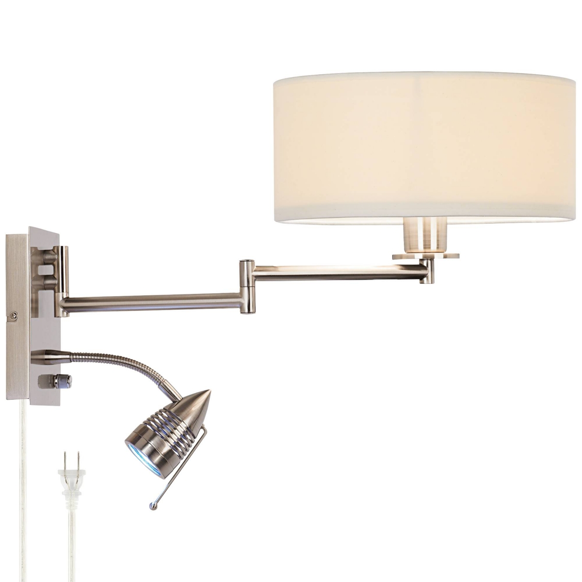 Tesoro Modern Swing Arm Wall Mounted Lamp Adjustable Led Brushed Nickel Plug-In Light Fixture Off White Drum Shade for Bedroom Bedside House Reading