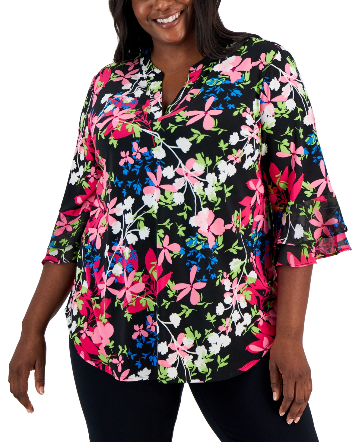 Kasper Plus Size Floral-print 3/4-ruffled-sleeve Blouse In Black,pink Perfection