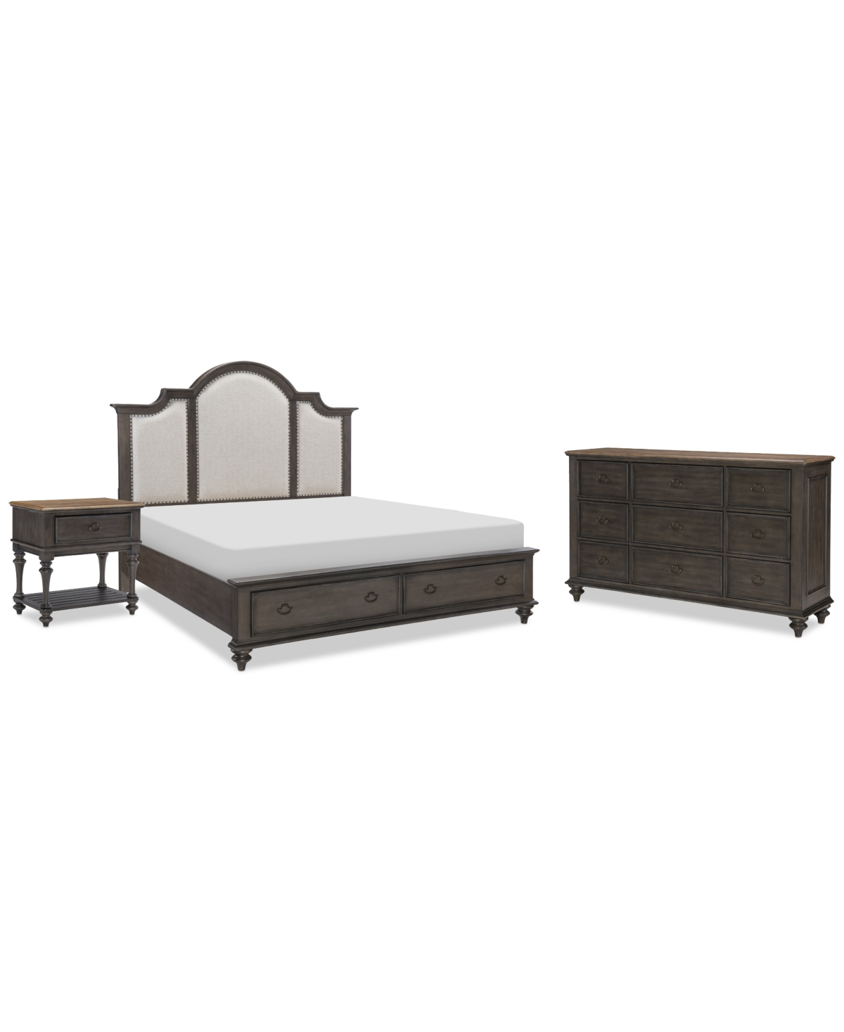Mandeville 3pc Bedroom Set (Upholstered King Storage Bed + Dresser 1-Drawer Nightstand)