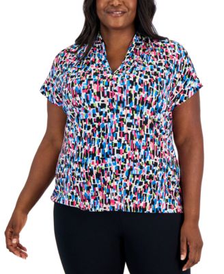 Kasper - Plus Size Printed V-Neck Short-Sleeve Top