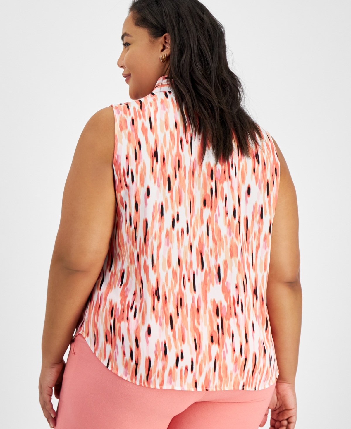 Shop Bar Iii Plus Size Printed Sleeveless Bow Neck Blouse, Created For Macy's In Blanc,peach Amber Multi
