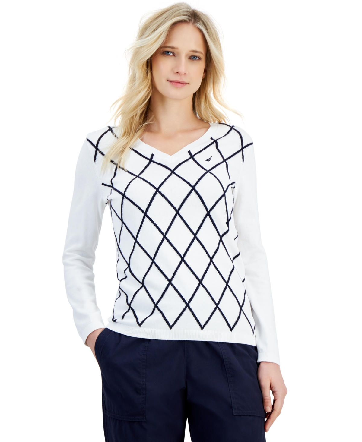 Nautica Women's Cotton Argyle V-neck Sweater In Natural