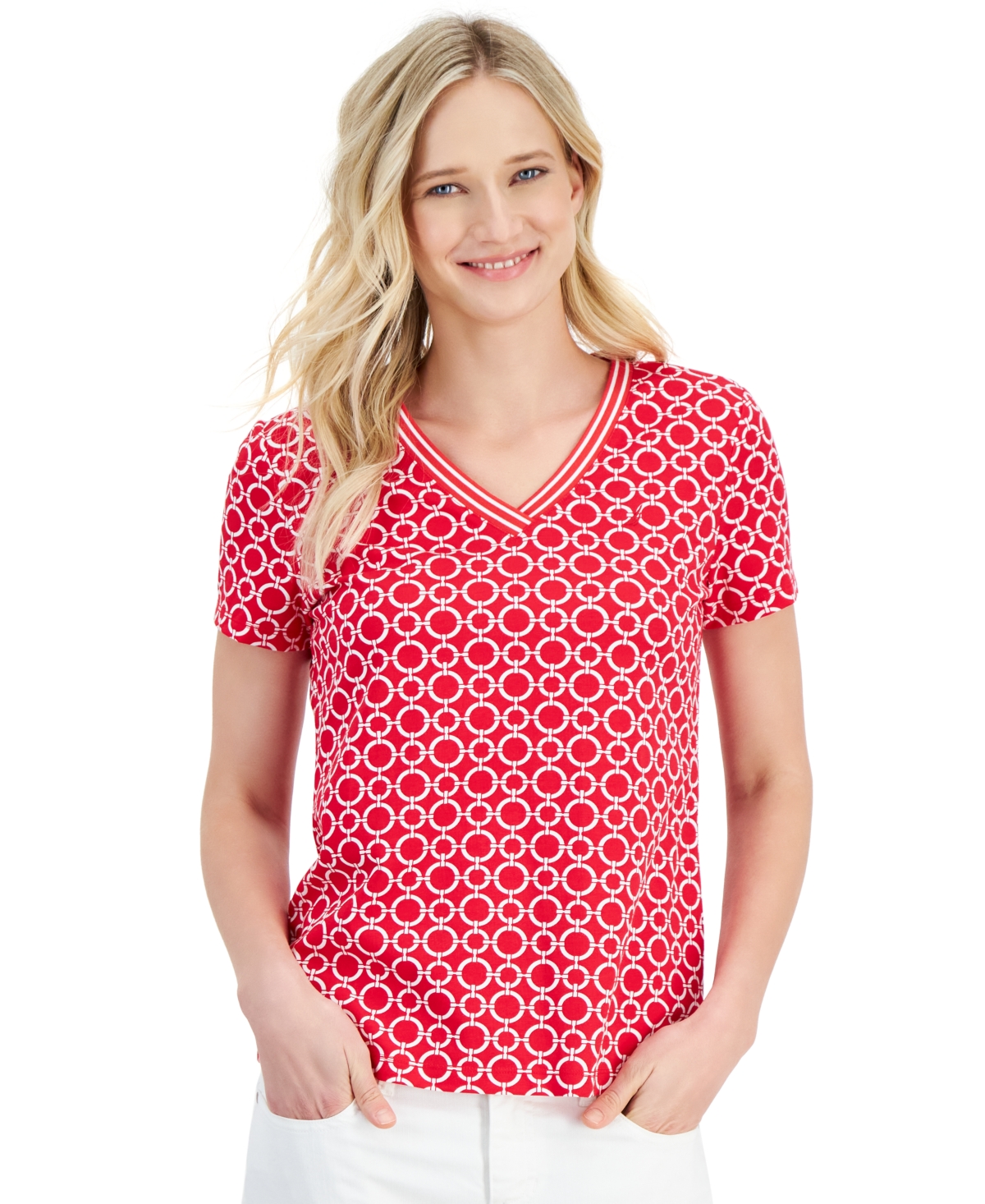 Shop Nautica Women's Linked Circle-print Stripe-trim V-neck In Bright Red