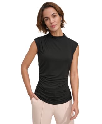 DKNY - Petite Ruched High-Neck Sleeveless Top