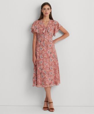 로렌 랄프로렌 Lauren Ralph Lauren Womens Floral Crinkle Georgette Tie-Neck Dress,Pink Multi