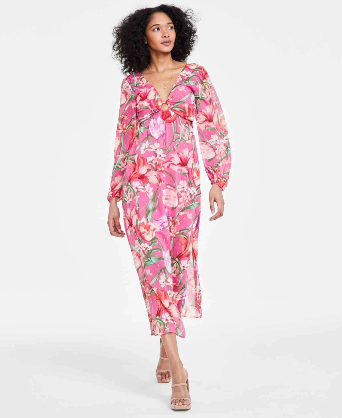 Women's Floral-Print Cutout Midi Dress - Pink Multi