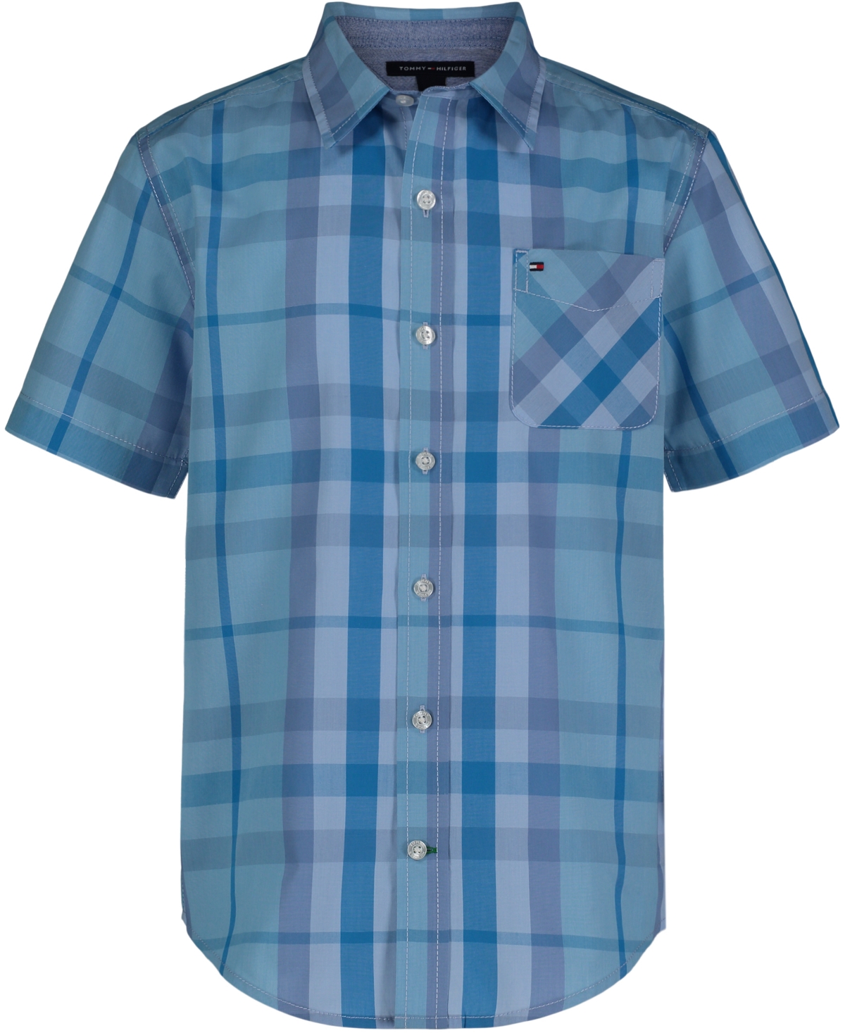 Shop Tommy Hilfiger Big Boys Short Sleeve Skies Plaid Shirt In Swedish Blue