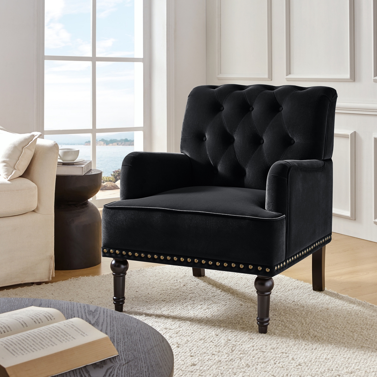 Velvet Tufted Upholstered Armchair with Nailhead Trim