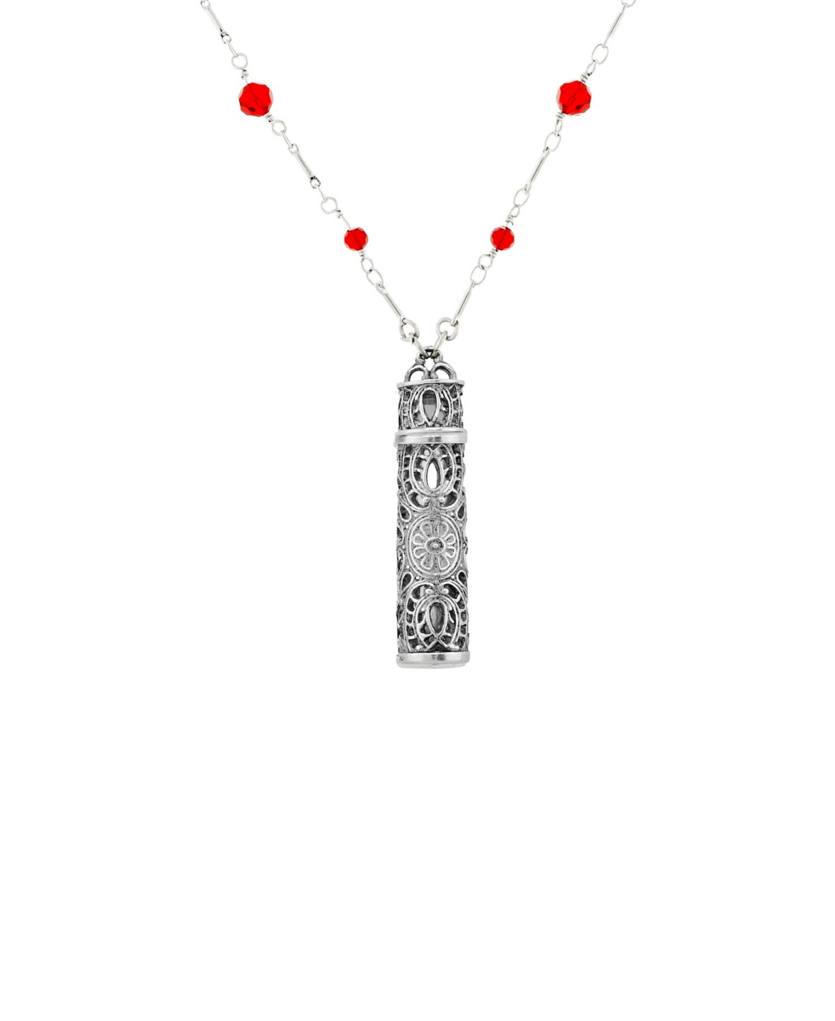 2028 Glass Red Bead Filigree Vial Necklace