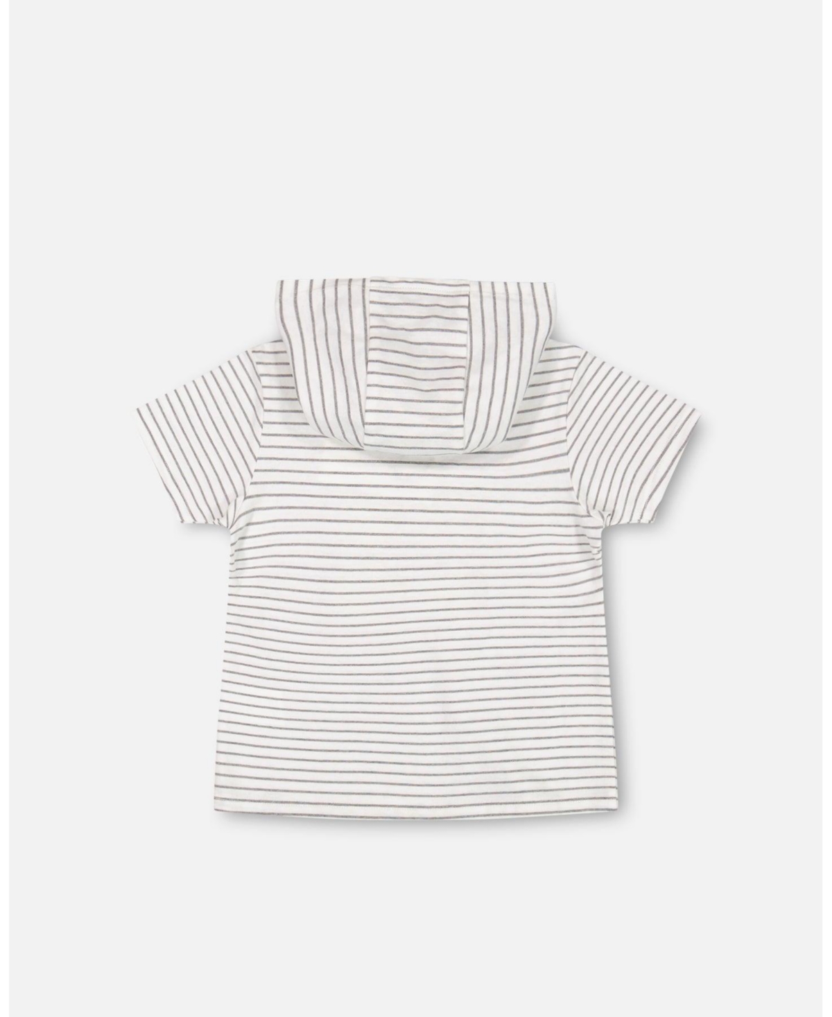 Boy Hooded T-Shirt White And Grey Stripe - Child - White and grey stripe