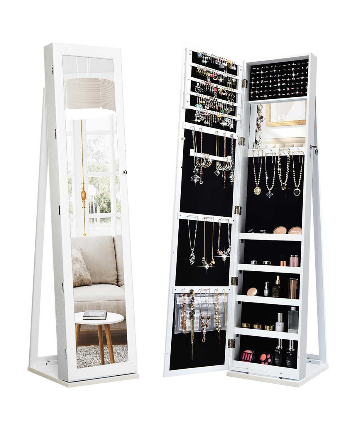 Mirrored Jewelry Cabinet Lockable Standing Storage Organizer W/ Shelf - White