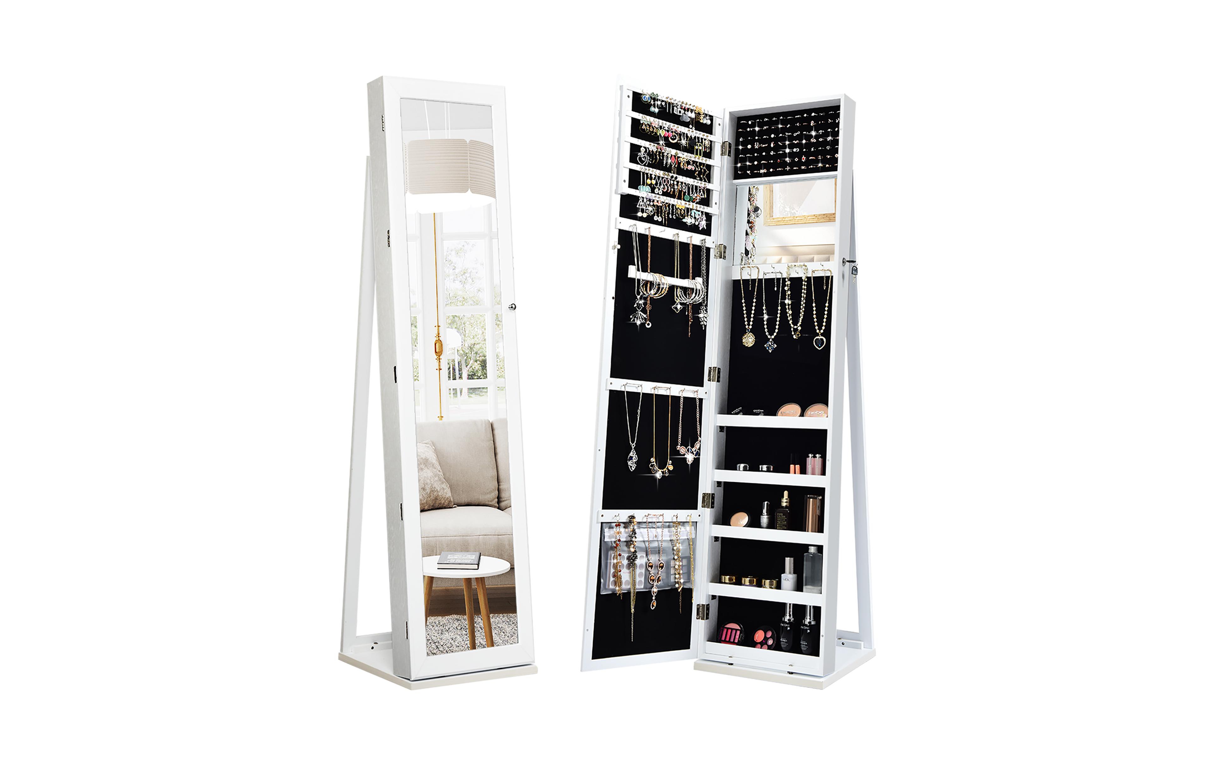Mirrored Jewelry Cabinet Lockable Standing Storage Organizer W/ Shelf