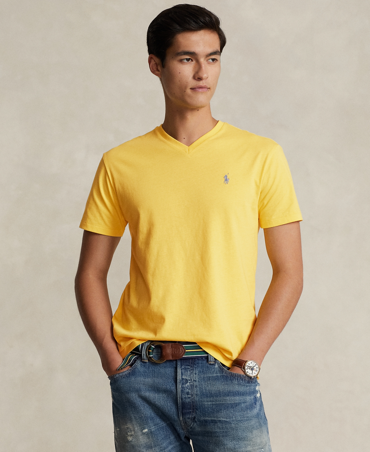 Shop Polo Ralph Lauren Men's Classic-fit Jersey V-neck T-shirt In Oasis Yellow