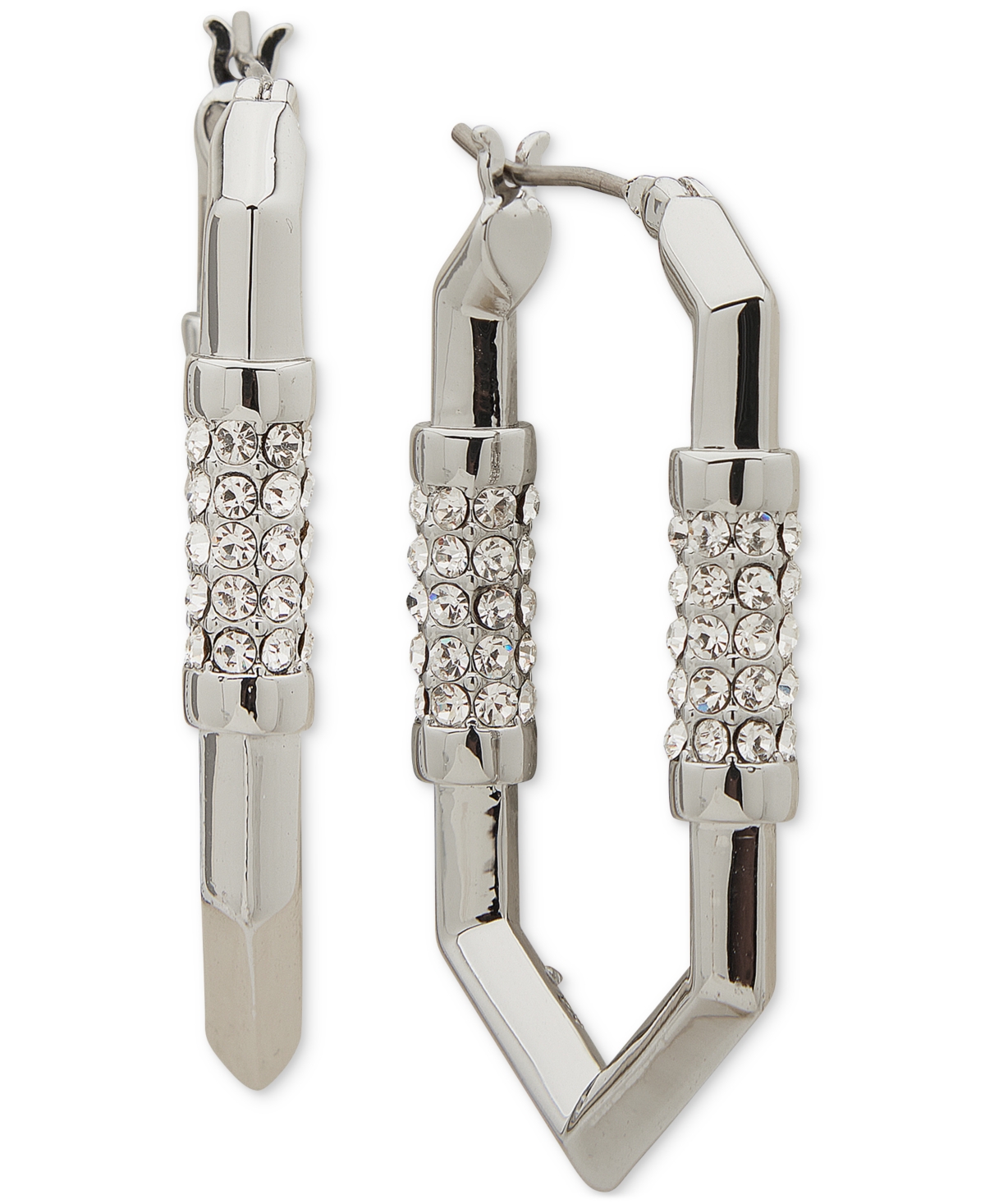 Medium Pave Geometric Link Hoop Earrings - Silver