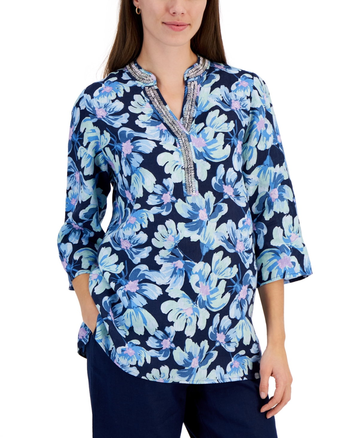 Charter Club Petite 100% Linen Bloom Print Split-Neck Tunic, Created for Macy's