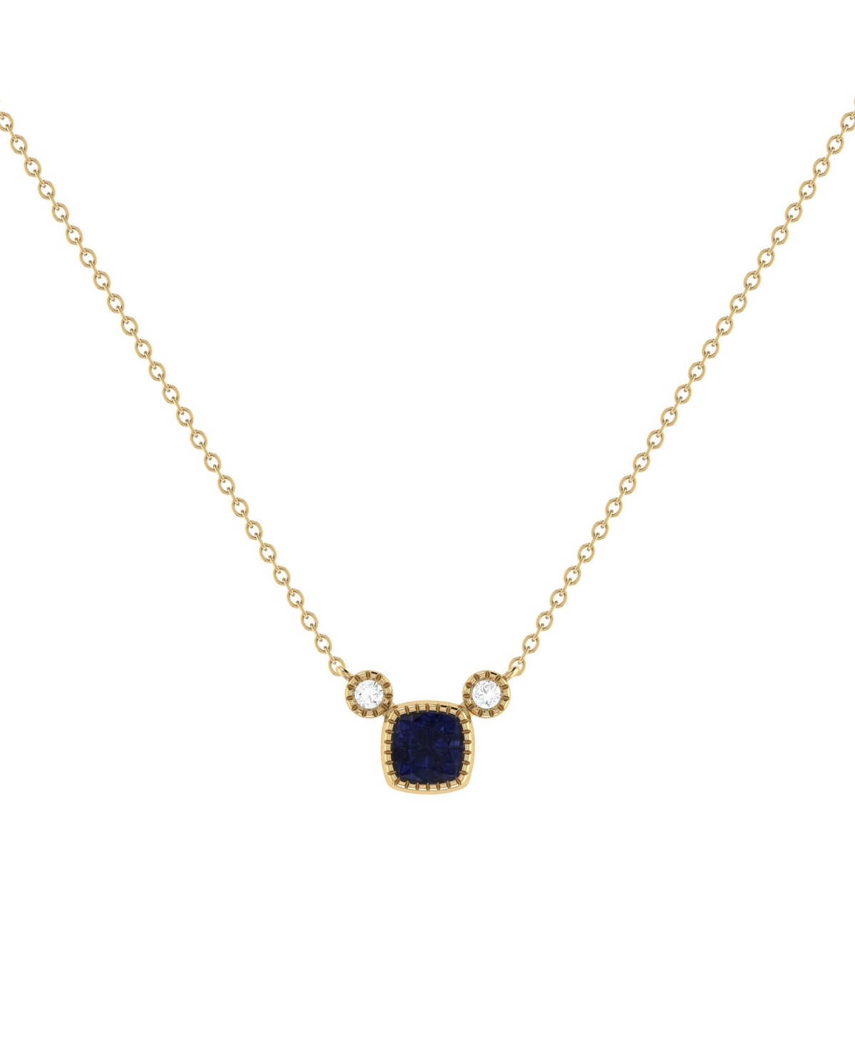 Cushion Sapphire Gemstone Round Natural Diamond 14K Yellow Gold Birthstone Necklace - Yellow