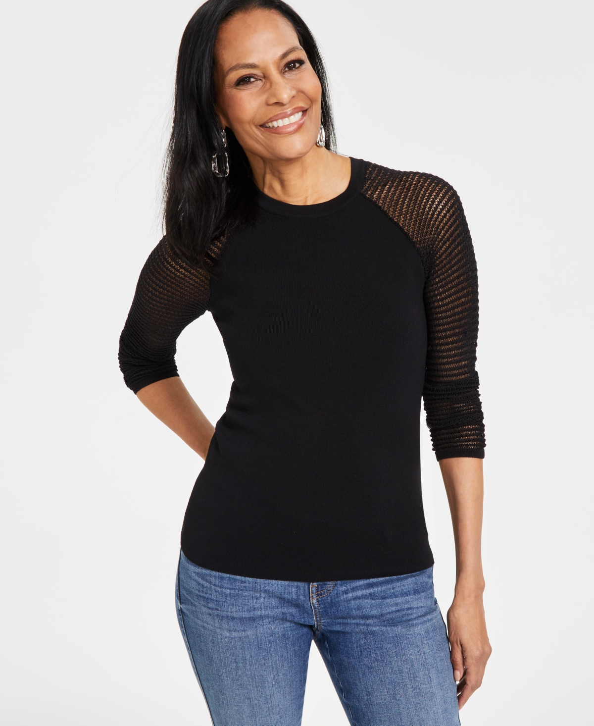 Shop Inc International Concepts Women's Crochet-sleeve Sweater, Created For Macy's In Deep Black