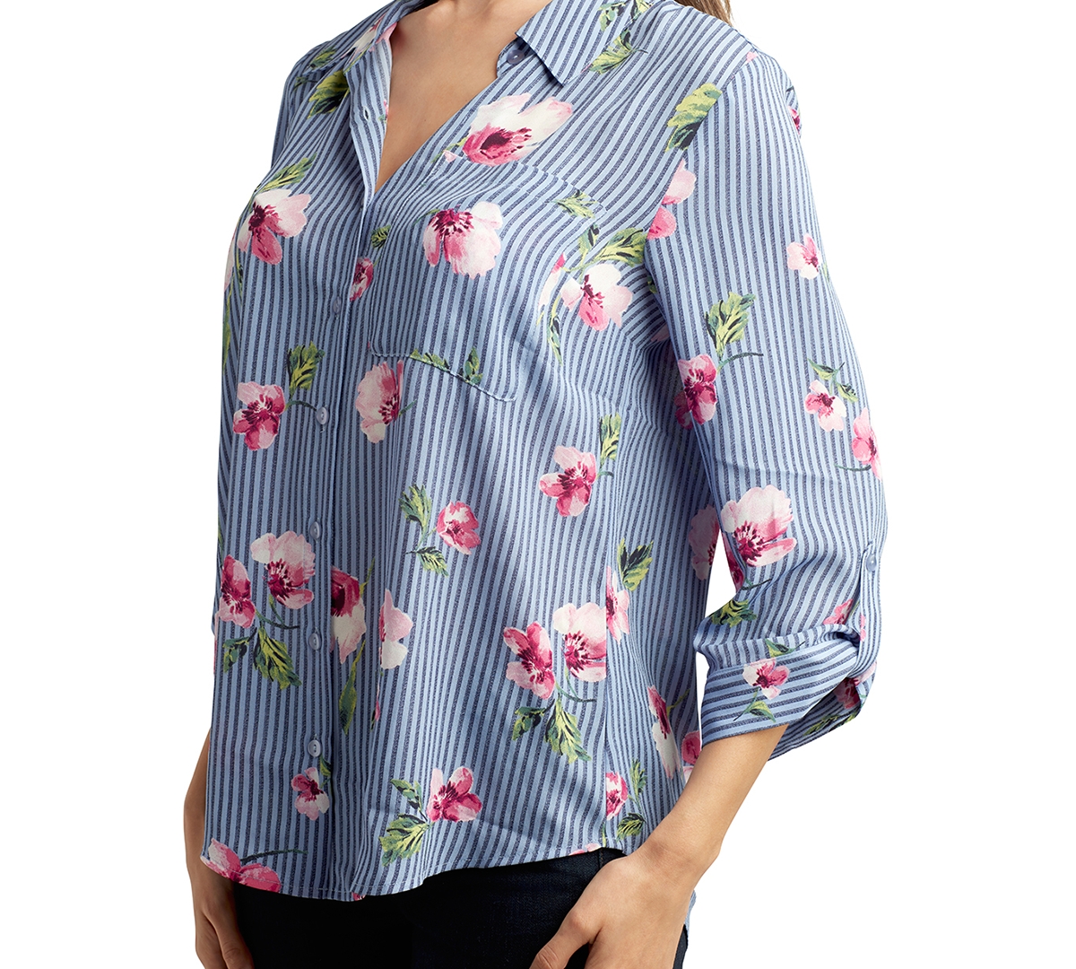 Shop Bcx Juniors' Floral Button-front Roll-sleeve Blouse In Pat F