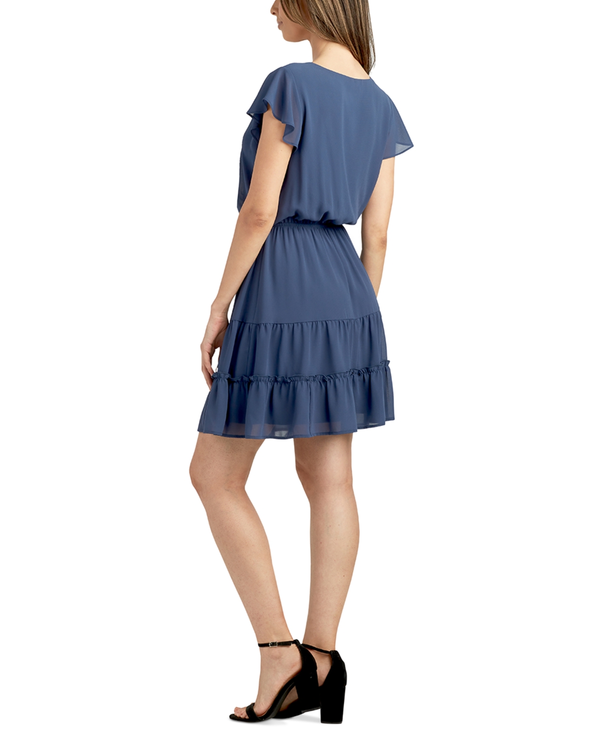 Shop Bcx Juniors' Flutter-sleeve Tiered-skirt A-line Dress In Denim