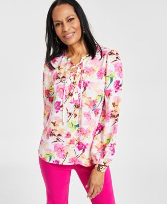 I.N.C. International Concepts Women s Printed Lace Up Blouse Created for Macy s Macy s